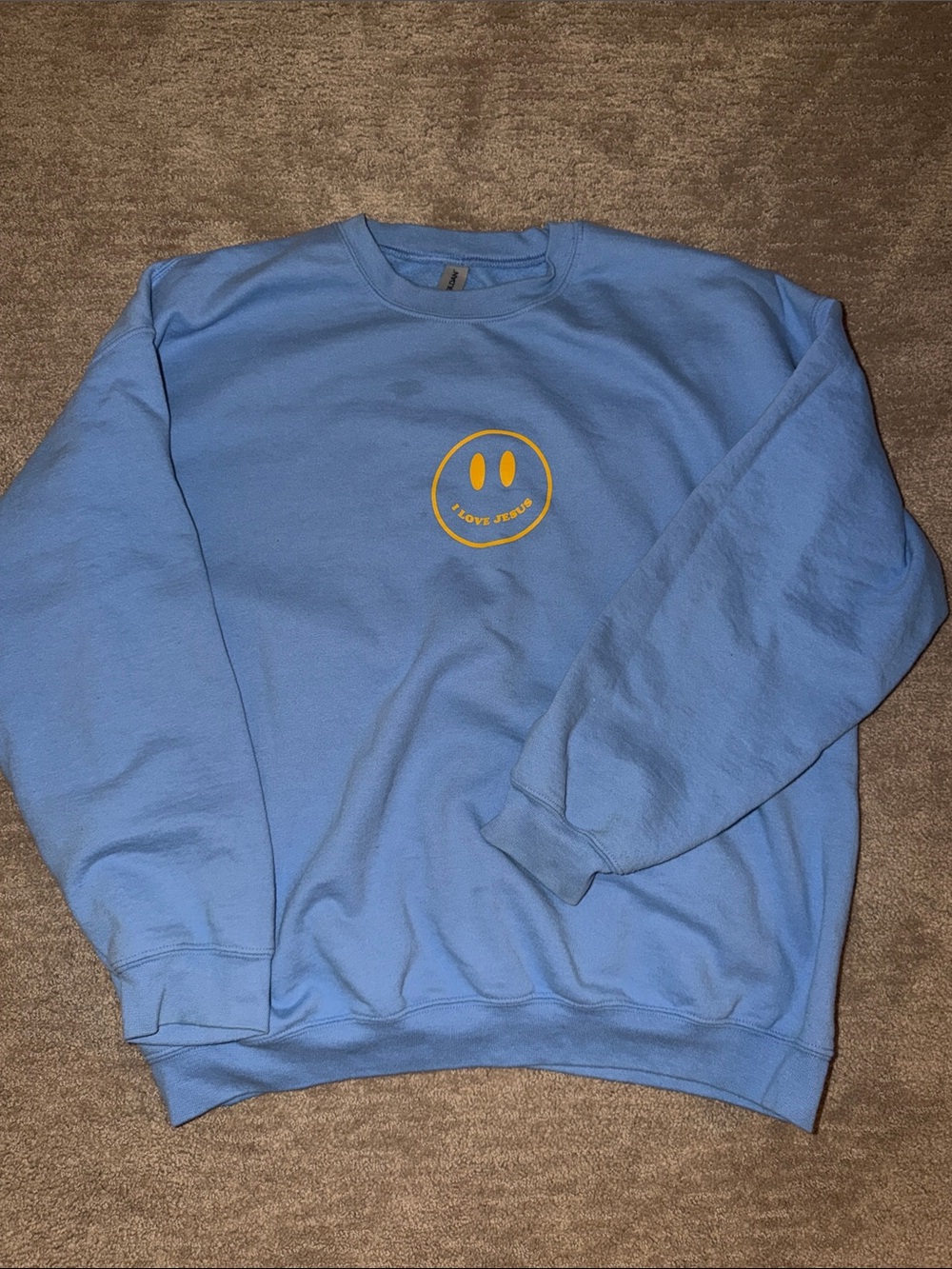 WWJD Light Blue Crewneck “I LOVE JESUS”Yellow Smile Graphic